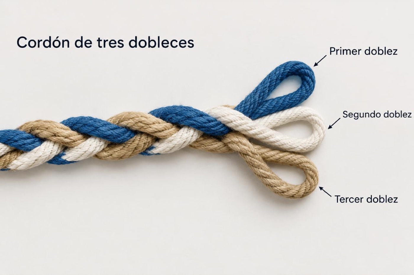 Cordón de tres dobleces: tres cuerdas trenzadas azul, blanca y beige